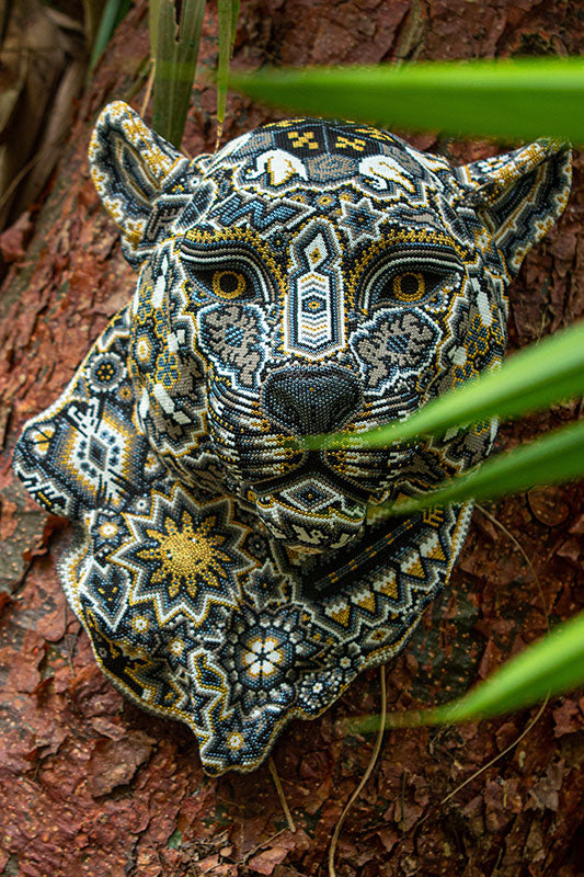 Cabeza-de-jaguar-con-simbolos-huicholes-coloridos-colgada-en-un-tronco-en-la-sierra