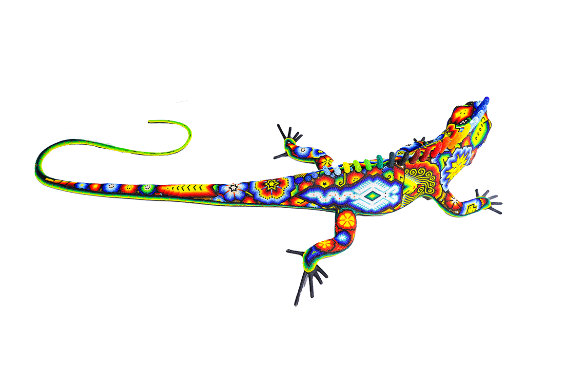 Artesanía Huichol vibrante en forma de iguana, extendida con un detallado patrón de cuentas coloridas en estilo Wixárika, sobre un fondo blanco.