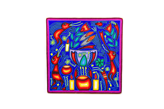 Cuadro de simbolos Huicholes en técnica de estambre - Vista de un sueño Wixarika | Tierra Huichol